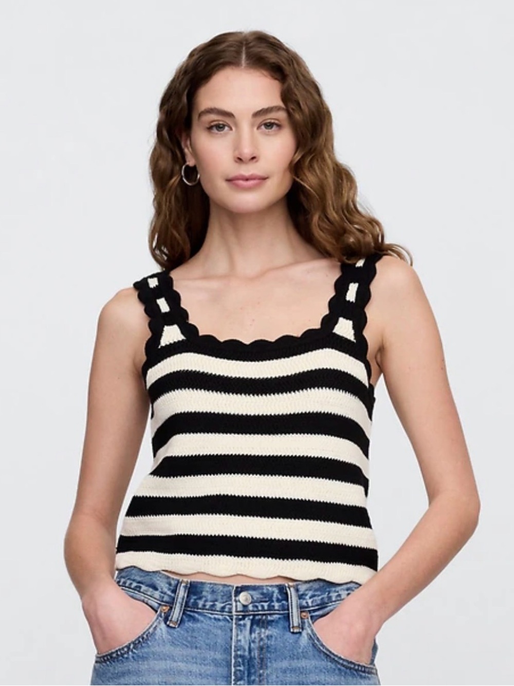 GAP 2025 Squareneck Striped Sweater Tank Top Scallop-Edge Cotton Knit XL Preppy